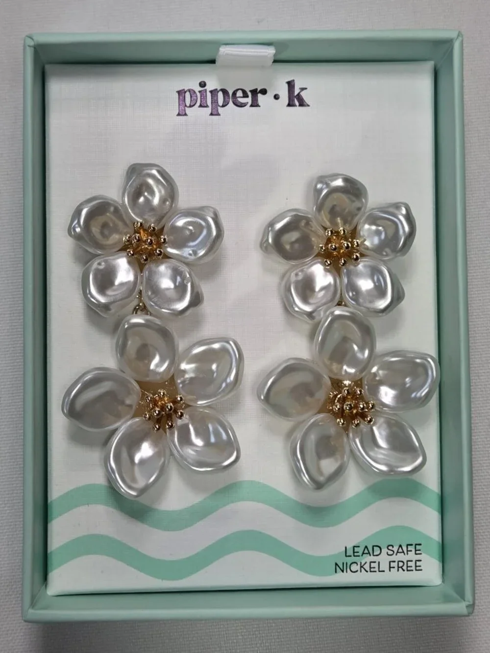 NWT Piper K Faux Pearl Double Flower Drop Earrings Gold Tone Statement Wedding